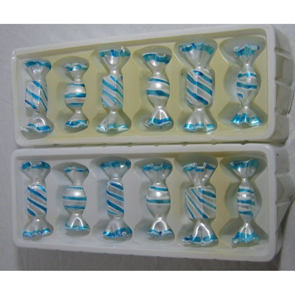 Holiday Style set of 12 Glitter Blue and white Glass Candy Ornaments Orig Box